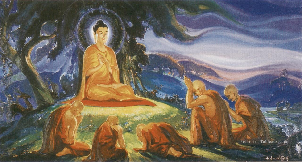 Bouddha a prêché son premier sermon aux cinq moines au parc de cerfs dans le bouddhisme de Varanasi Peintures à l'huile